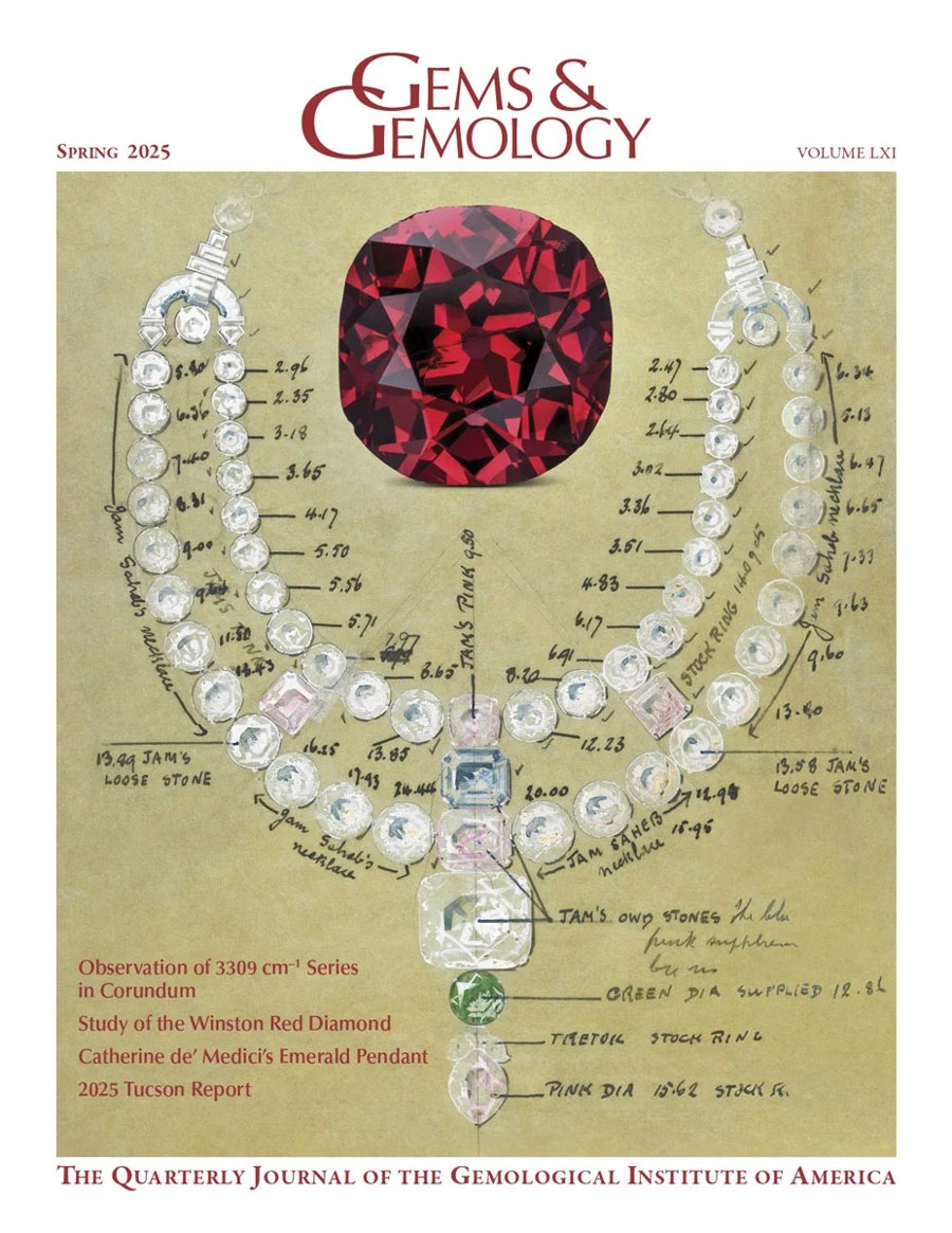 Cover of Gems & Gemology, Spring 2025, showing the red diamond above a hand-annotated drawing of a diamond necklace