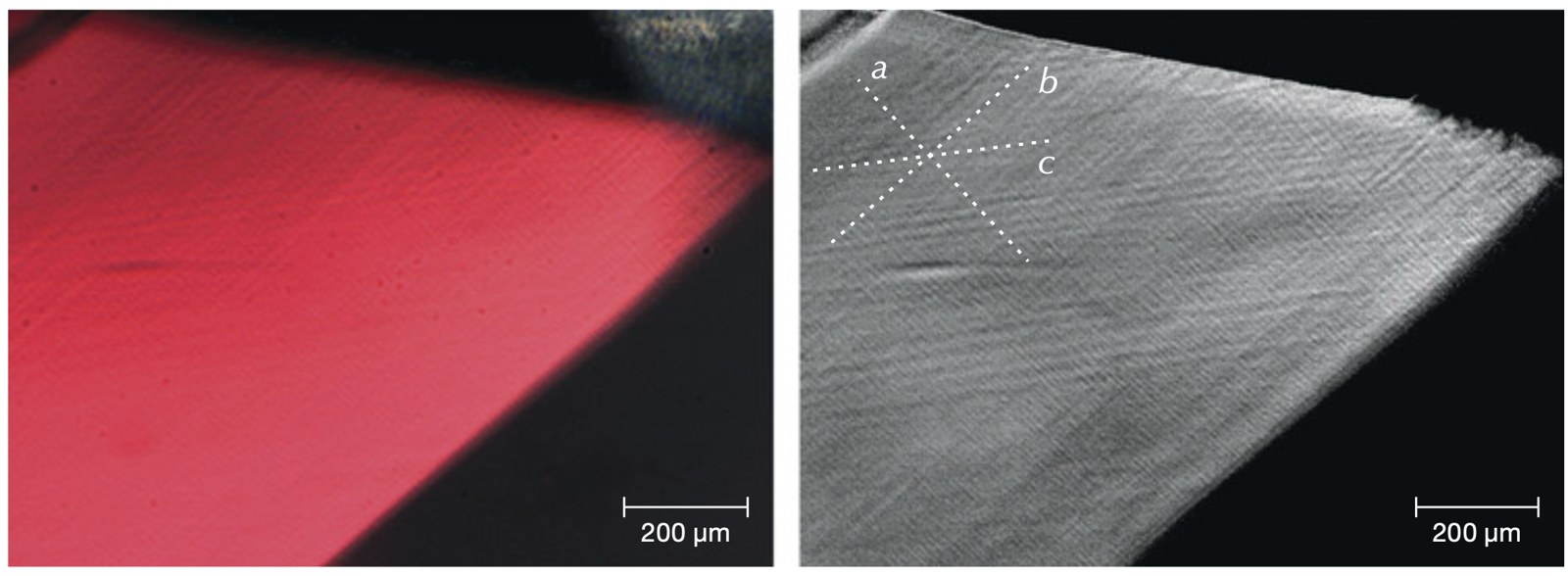 Left: red facet with faint parallel bands. Right: the same view in grayscale with three crossing sets of bands marked a, b and c
