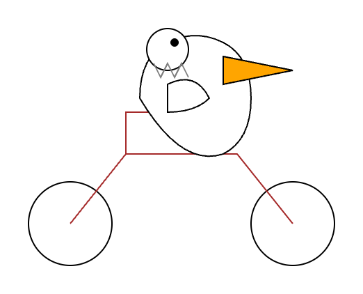 The pelican on a bicycle drawn by Mercury: a round white bird with an orange beak on a red frame between two wheels